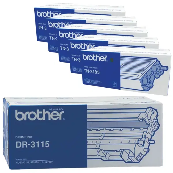 Brother DR3115 Drum Unit & 5 x Brother TN3185 Black Toner Cartridge