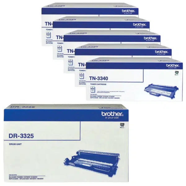 Brother DR3325 Drum Unit & 5 x Brother TN3340 Black Toner Cartridge