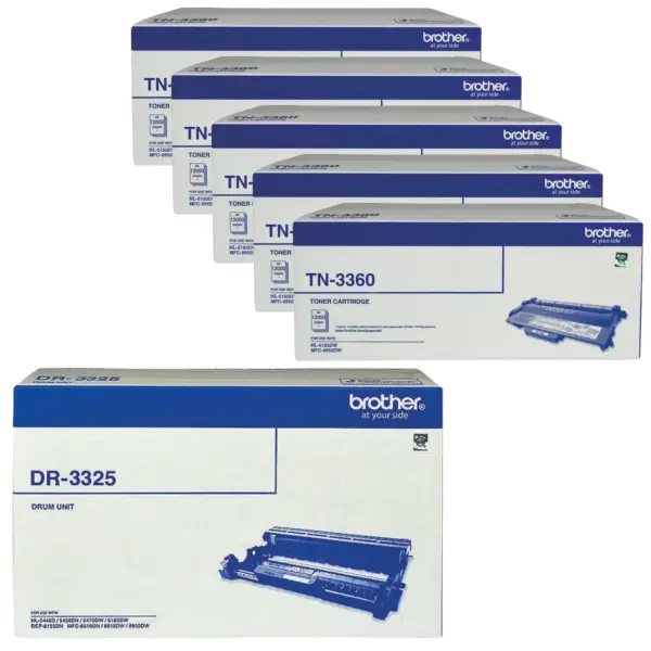 Brother DR3325 Drum Unit & 5 x Brother TN3360 Black Toner Cartridge