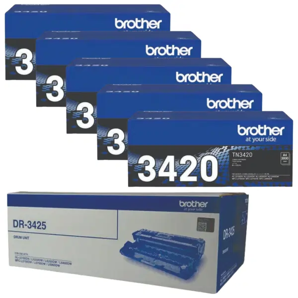 Brother DR3425 Drum Unit & 5 x Brother TN3420 Black Toner Cartridge