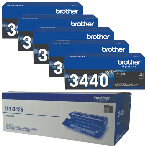 Brother DR3425 Drum Unit & 5 x Brother TN3440 Black Toner Cartridge