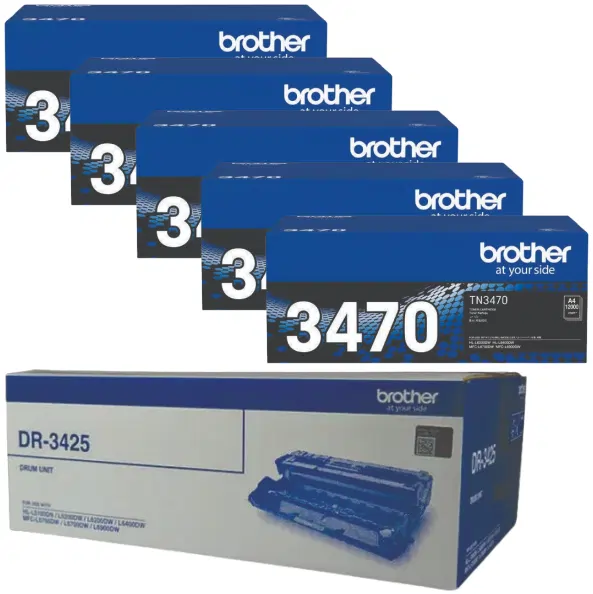 Brother DR3425 Drum Unit & 5 x Brother TN3470 Black Toner Cartridge