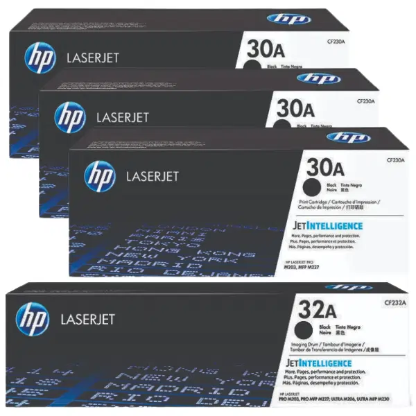 HP #32A Imaging Drum Unit CF232A & 3 x HP #30A Black Toner Cartridge CF230A