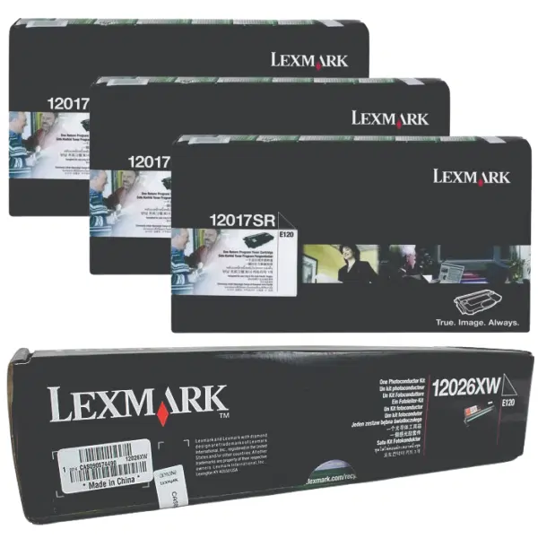 Lexmark 12026XW Drum Unit & 3 x Lexmark 12017SR Black Toner Cartridge