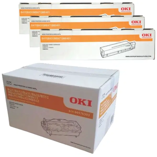 Oki B431 Drum Unit & 3 x OKI B431 Black High Yield Toner Cartridge 44574303 44574703