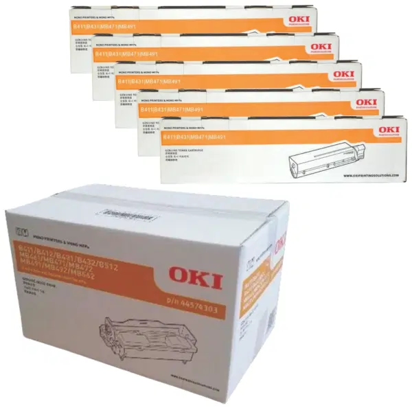 Oki B431 Drum Unit & 5 x OKI B431 Black High Yield Toner Cartridge 44574303 44574703