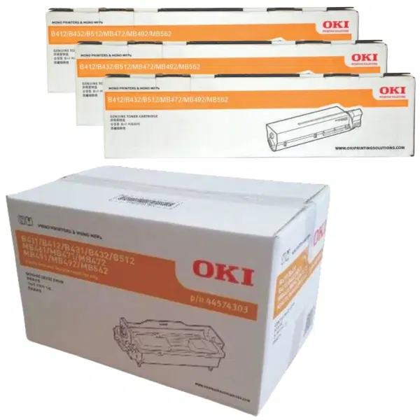 Oki B431 Drum Unit & 3 x OKI B432 Black Toner Cartridge 44574303 45807103