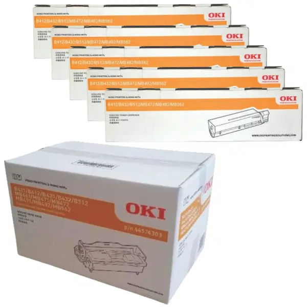 Oki B431 Drum Unit & 5 x OKI B432 Black Toner Cartridge 44574303 45807103