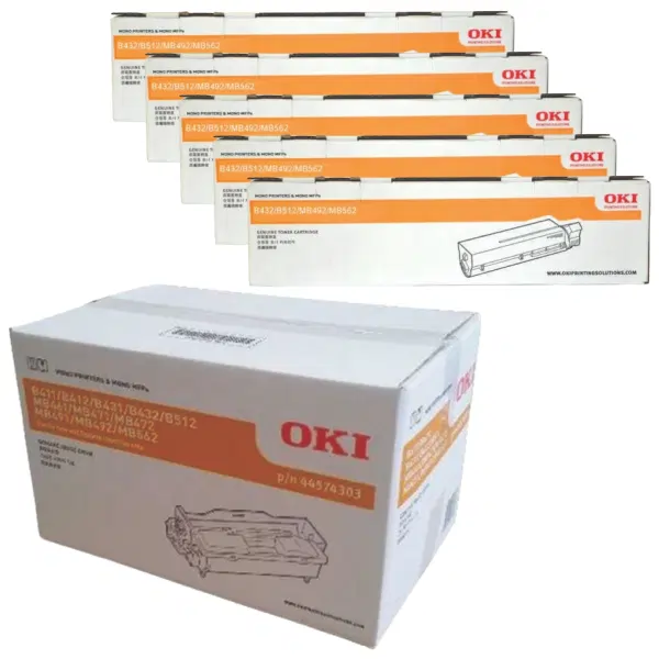 Oki B431 Drum Unit & 5 x OKI B432 Extra High Yield Black Toner Cartridge 44574303 45807112