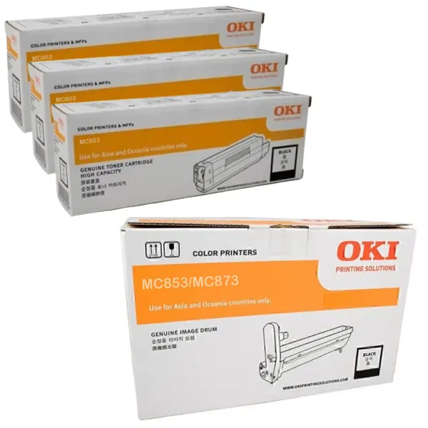 Oki MC853 Black Drum Unit & 3 x OKI MC853 Black Toner Cartridge