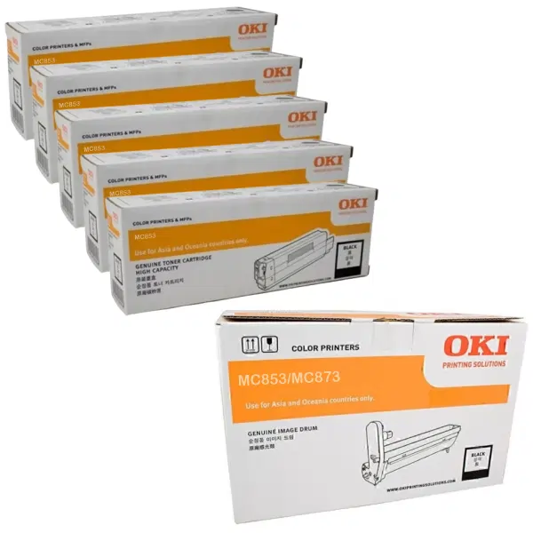 Oki MC853 Black Drum Unit & 5 x OKI MC853 Black Toner Cartridge