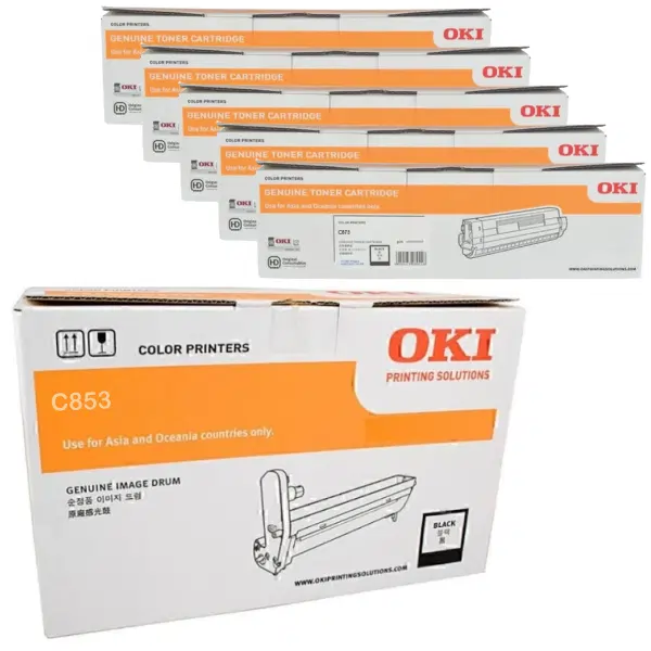 Oki MC853 Black Drum Unit & 5 x OKI MC873 Black Toner Cartridge 44844484 45862832