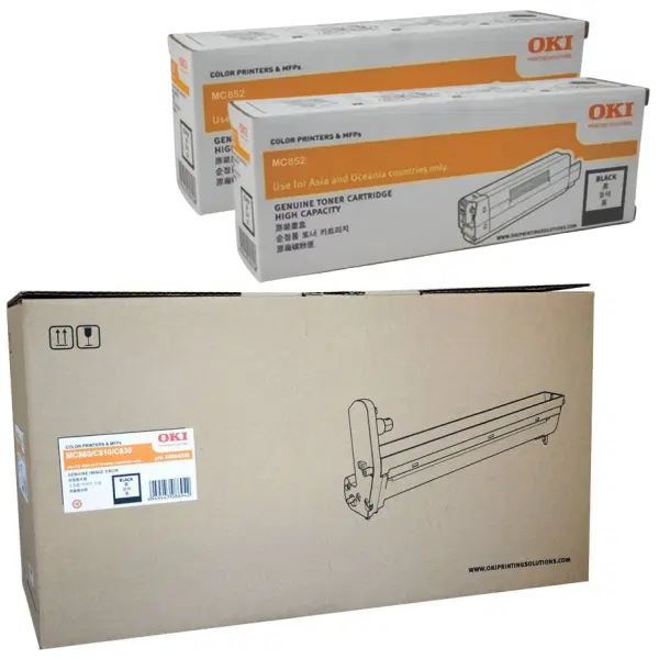 Oki MC860 Black Drum Unit & 2 x OKI MC852 Black Toner Cartridge 44064036 44643024