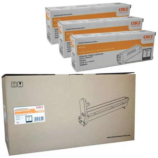 Oki MC860 Black Drum Unit & 3 x OKI MC852 Black Toner Cartridge 44064036 44643024