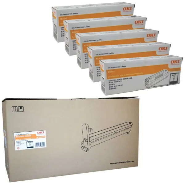 Oki MC860 Black Drum Unit & 5 x OKI MC852 Black Toner Cartridge 44064036 44643024