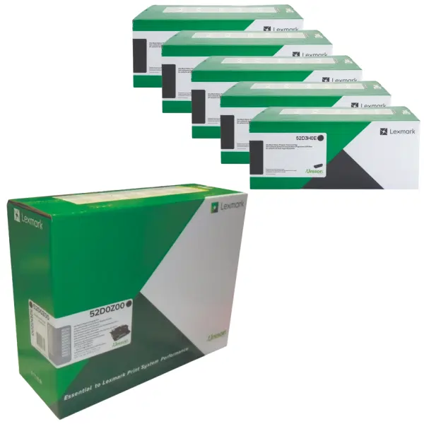 Lexmark 520Z (52D0Z00) Imaging Unit & 5 x Lexmark 523H (52D3H0E) High Yield Black Toner Cartridge