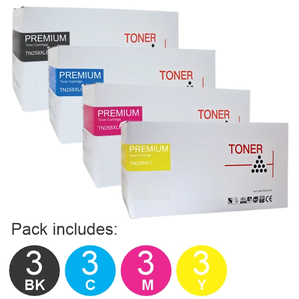 12 Pack Compatible Brother TN258XL (3BK,3C,3M,3Y) Toner Cartridges