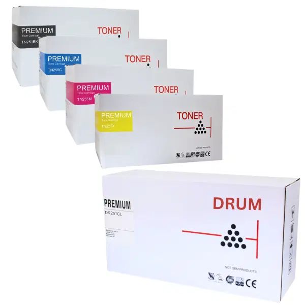 Compatible Brother DR251CL Drum Unit & 4 Pack Compatible Brother TN251 (BK) & TN255 (C/M/Y) (1BK,1C,1M,1Y) Toner Cartridges DR-251CL TN-251,TN-255