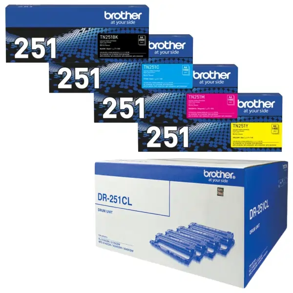 Brother DR251CL Drum Unit & 4 Pack Brother TN251 (1BK,1C,1M,1Y) Toner Cartridges DR-251CL TN-251