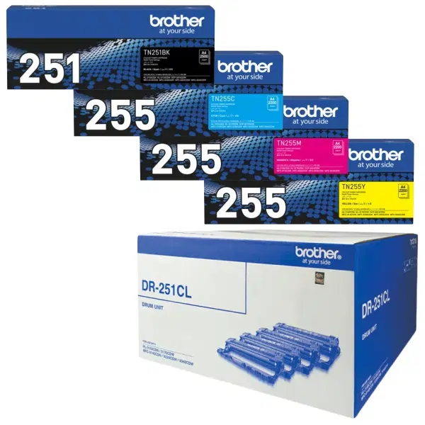 Brother DR251CL Drum Unit & 4 Pack Brother TN251 (BK) & TN255 (C/M/Y) (1BK,1C,1M,1Y) Toner Cartridges DR-251CL TN-251 TN-255