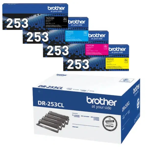 Brother DR253CL Drum Unit & 4 Pack Brother TN253 (1BK,1C,1M,1Y) Toner Cartridges DR-253CL TN-253