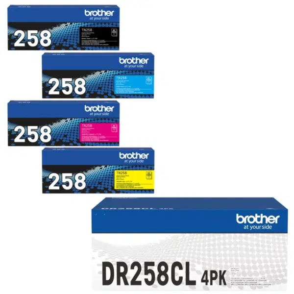 Brother DR258CL Drum Unit & 4 Pack Brother TN258 (1BK,1C,1M,1Y) Toner Cartridges DR-258CL TN-258