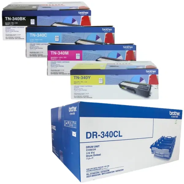 Brother DR340CL Drum Unit & 4 Pack Brother TN340 (1BK,1C,1M,1Y) Toner Cartridges DR-340CL TN-340