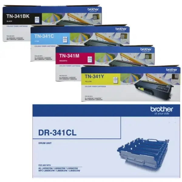 Brother DR341CL Drum Unit & 4 Pack Brother TN341 (1BK,1C,1M,1Y) Toner Cartridges DR-341CL TN-341