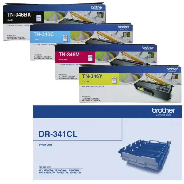 Brother DR341CL Drum Unit & 4 Pack Brother TN346 (1BK,1C,1M,1Y) Toner Cartridges DR-341CL TN-346