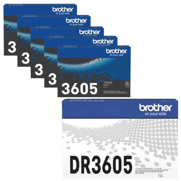 Brother DR3605 Drum Unit & 5 x Brother TN3605 Black Toner Cartridge DR-3605 TN-3605