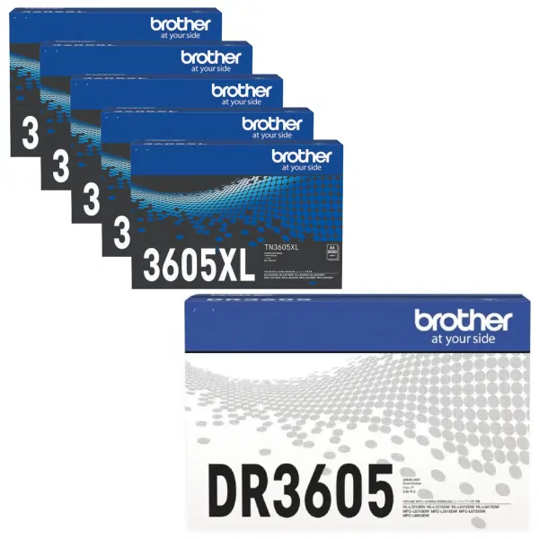 Brother DR3605 Drum Unit & 5 x Brother TN3605XL Black Toner Cartridge DR-3605 TN-3605XL