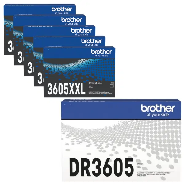 Brother DR3605 Drum Unit & 5 x Brother TN3605XXL Black Toner Cartridge DR-3605 TN-3605XXL