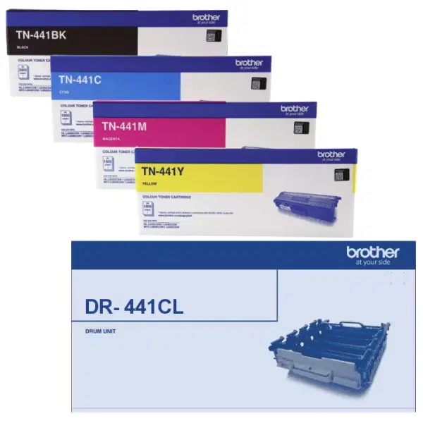 Brother DR441CL Drum Unit & 4 Pack Brother TN441 (1BK,1C,1M,1Y) Toner Cartridges DR-441CL TN-441