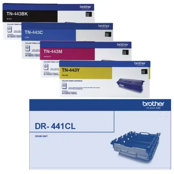 Brother DR441CL Drum Unit & 4 Pack Brother TN443 (1BK,1C,1M,1Y) Toner Cartridges DR-441CL TN-443