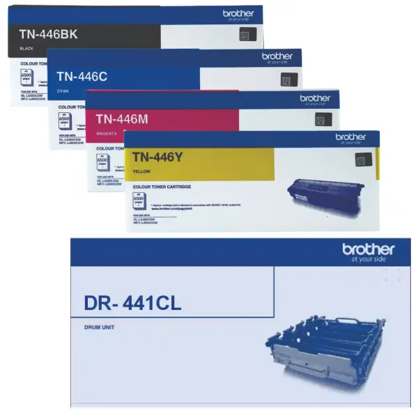 Brother DR441CL Drum Unit & 4 Pack Brother TN446 (1BK,1C,1M,1Y) Toner Cartridges DR-441CL TN-446