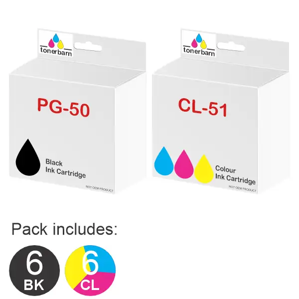 12 Pack – Compatible Canon 6 x PG50 & 6 x CL51 High Yield Ink Cartridges PG50, CL51