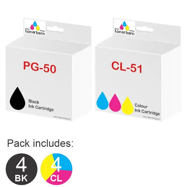 8 Pack – Compatible Canon 4 x PG50 & 4 x CL51 High Yield Ink Cartridges PG50, CL51