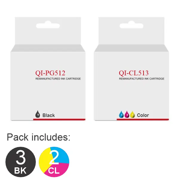 5 Pack – Compatible Canon 3 x PG512 & 2 x CL513 High Yield Ink Cartridges PG512 & CL513