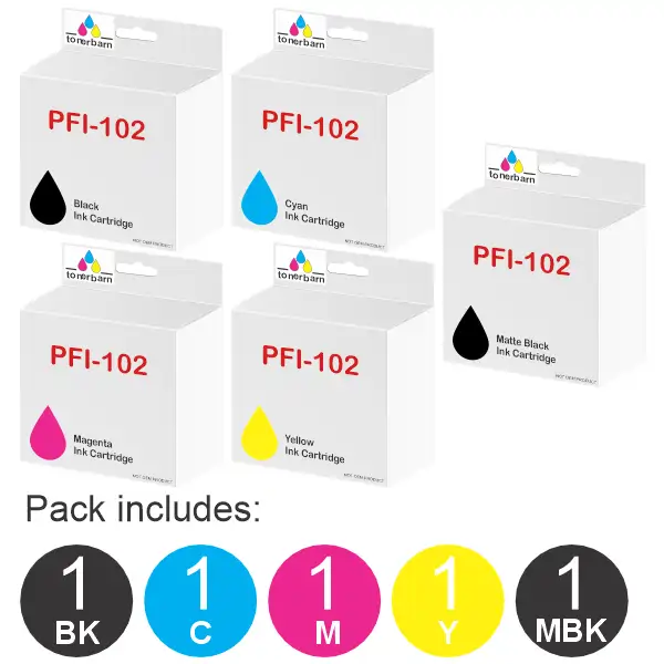 5 Pack – Compatible Canon PFI102 (1BK,1C,1M,1MBK,1Y) PFI102BK, PFI102C, PFI102M, PFI102Y, PFI102MBK