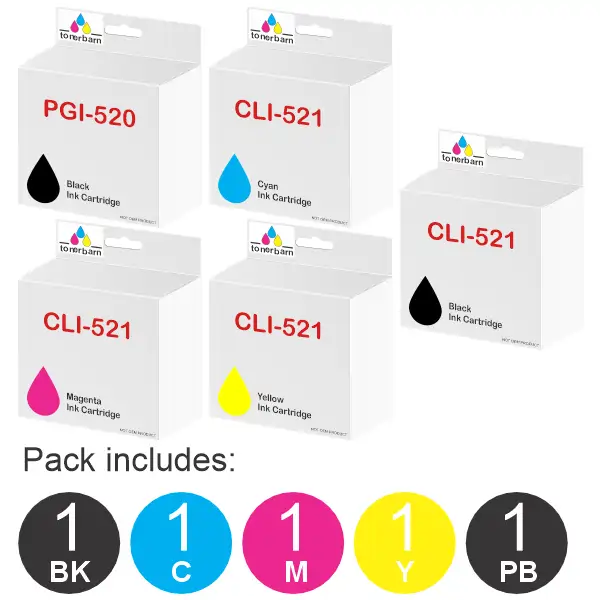 5 Pack – Compatible Canon PGI520 & CLI521 (1BK,1PBK,1C,1M,1Y) Ink Cartridges PGI520BK, CLI521C, CLI521M, CLI521Y, CLI521BK