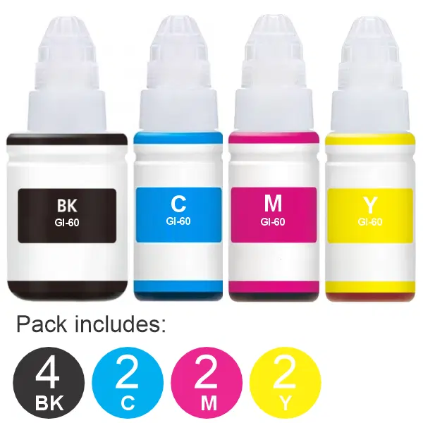 10 Pack – Compatible Canon GI60 (4BK,2C,2M,2Y) Ink Bottles GI60 Value Pack