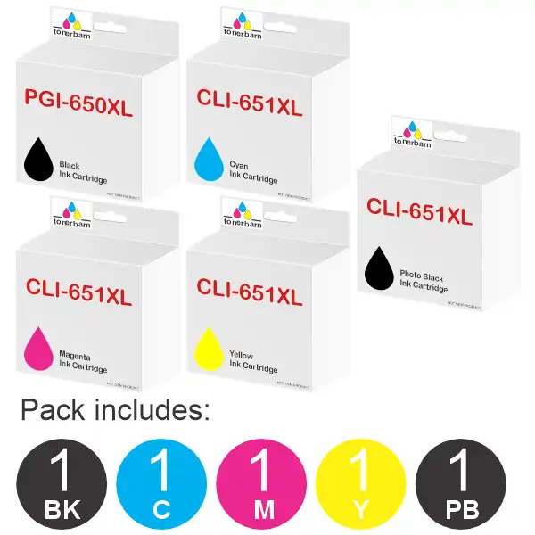5 Pack – Compatible Canon PGI650XL & CLI651XL (1BK,1PBK,1C,1M,1Y) High Yield Ink Cartridges PGI650XL & CLI651XL Value Pack PGI650XLBK, CLI651XLC, CLI651XLM, CLI651XLY, CLI651XLBK