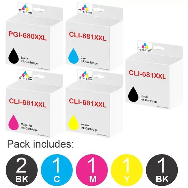6 Pack – Compatible Canon PGI680XXL & CLI681XXL (2BK,1PBK,1C,1M,1Y) Extra High Yield Ink Cartridges PGI680XXLBK, CLI681XXLC, CLI681XXLM, CLI681XXLY, CLI681XXLBK
