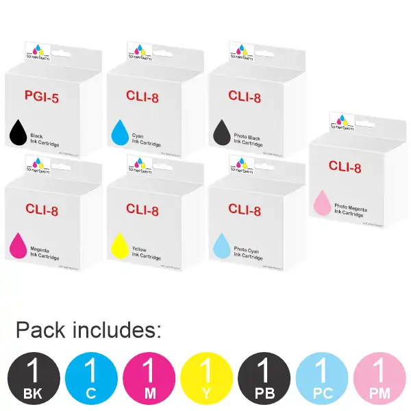 7 Pack – Compatible Canon PGI5BK & CLI8BK/C/M/Y,PC,PM (1BK,1PBK,1C,1M,1Y,PC,PM) Ink Cartridges PGI5 & CLI8 Value Pack