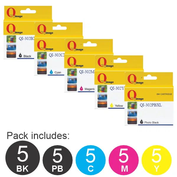 25 Pack – Compatible Epson 302XL (5BK,5PBK,5C,5M,5Y) High Yield Ink Cartridges Value Pack