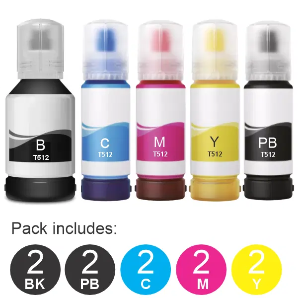 10 Pack – Compatible Epson T512 (2BK,2PBK,2C,2M,2Y) Ink Bottles Value Pack