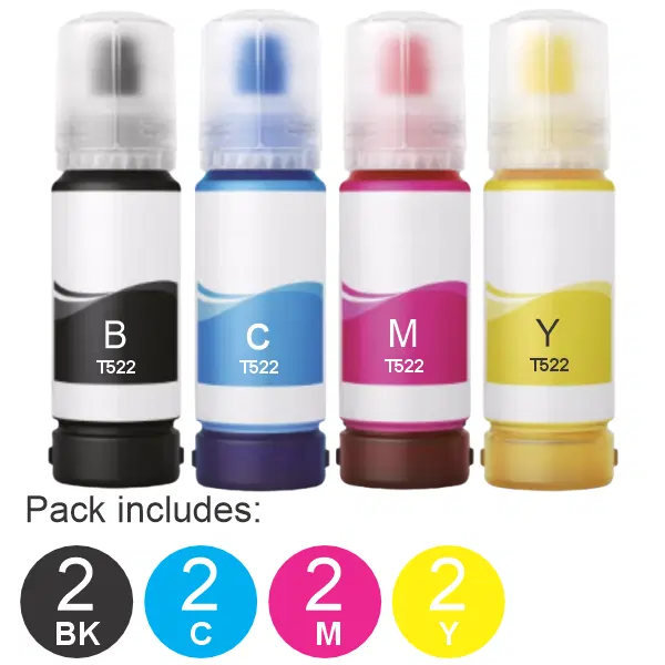 8 Pack – Compatible Epson T522 (2BK,2C,2M,2Y) Ink Bottles Value Pack