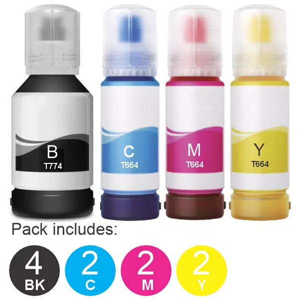 10 Pack – Compatible Epson T774 & T664 (4BK,2C,2M,2Y) Ink Bottles Value Pack