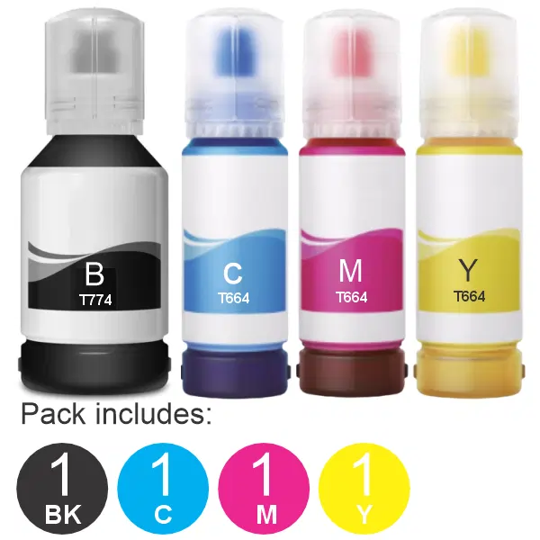 4 Pack – Compatible Epson T774 & T664 (1BK,1C,1M,1Y) Ink Bottles Value Pack