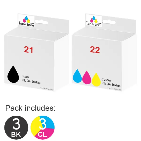 3 Pack – Compatible HP #21 & #22 (3BK,3CL) Ink Cartridges Value Pack C9351AA, C9352AA
